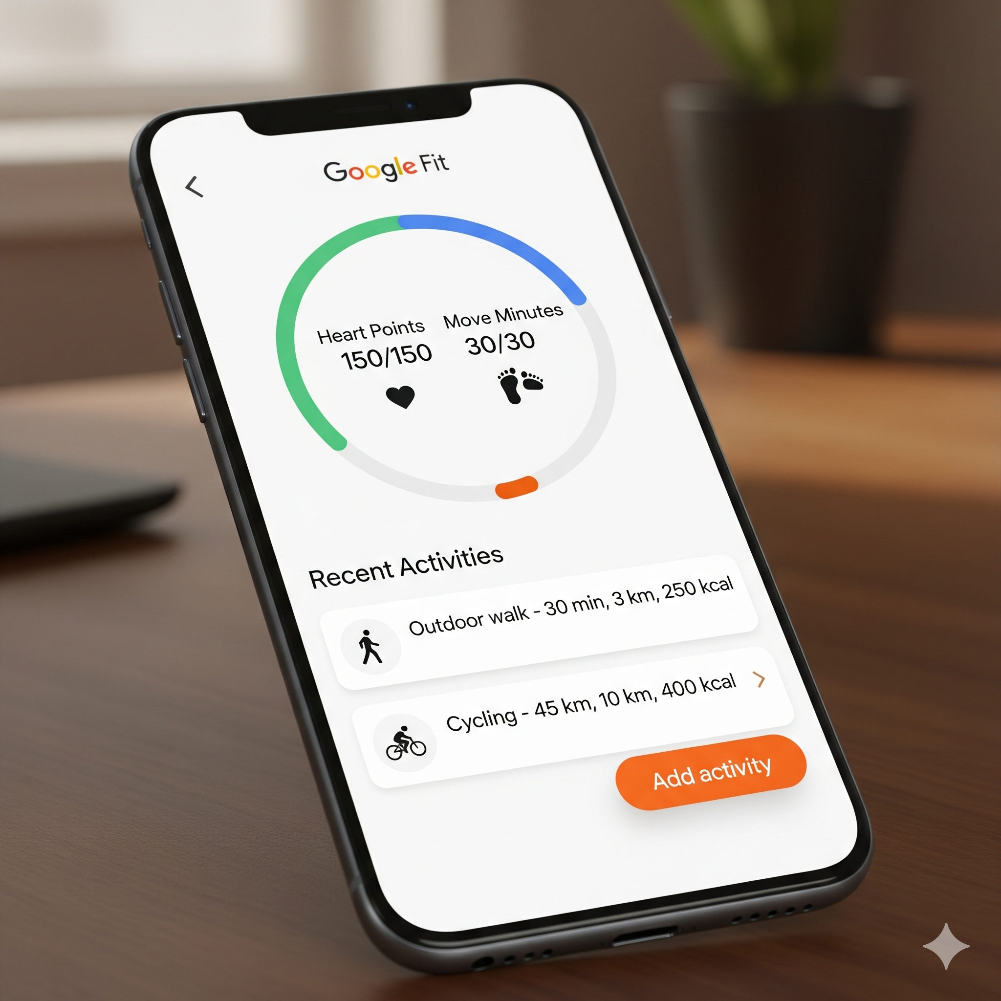 Интерфейс приложения Google Fit для трекинга активности