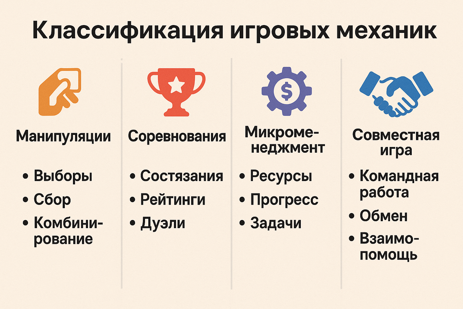 Схема классификации игровых механик на четыре основные категории